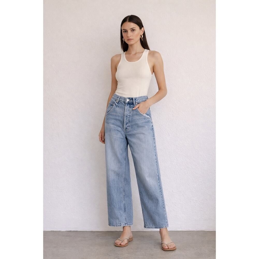 EB denim reworked Belted Waist High Rise Wide Leg Ankle Jeans 27” Vintage Wash
